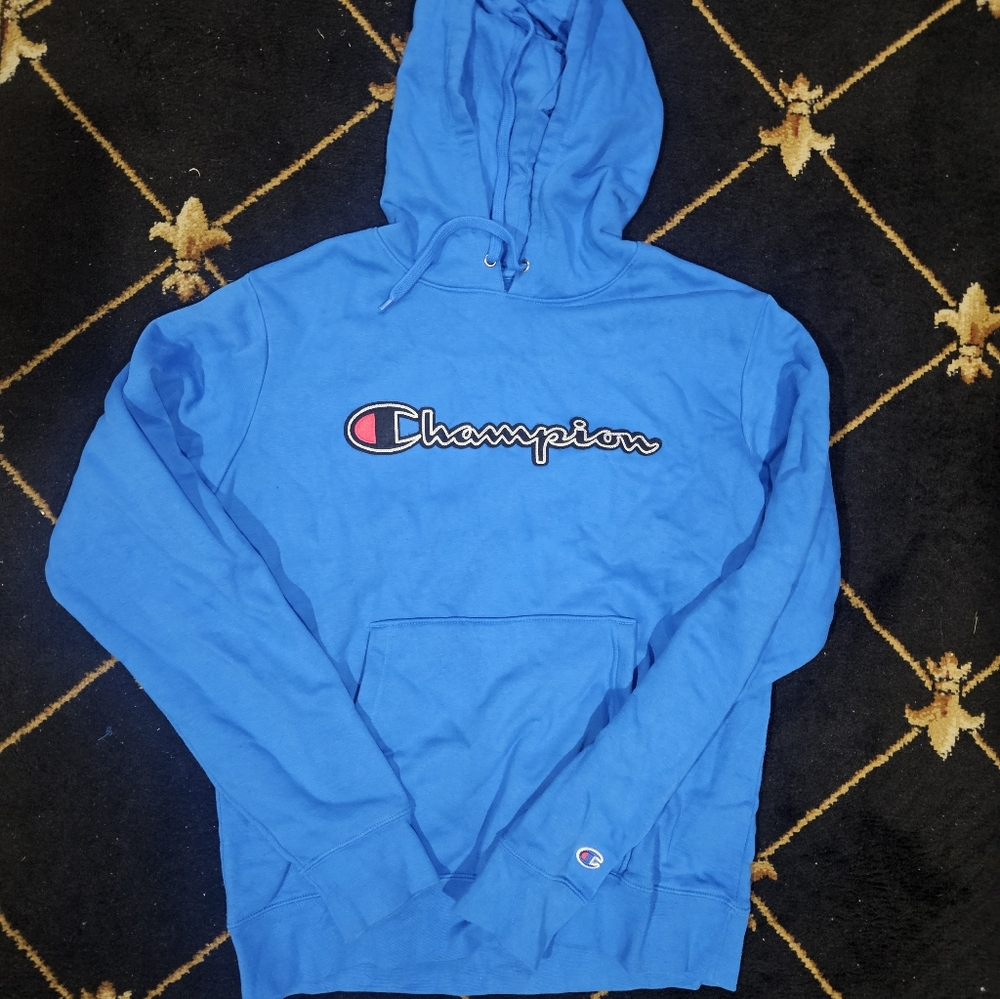 Champion Hoodie Mens Blue Sweater Pullover Fleece Spell Out Embroidered Size M